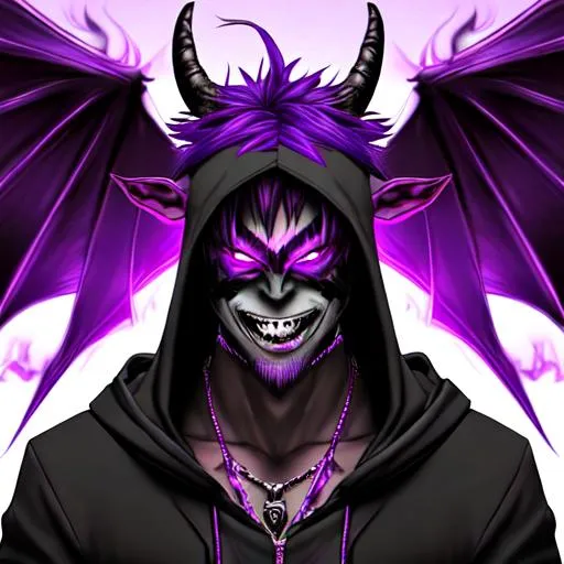 Prompt: handsome man, monster, demon, fire, purple, neon, black, vampire teeth, strong and body, neon green and purple hair, hood, monster wings, king, , goat, vampire teeth, red eyes, mask