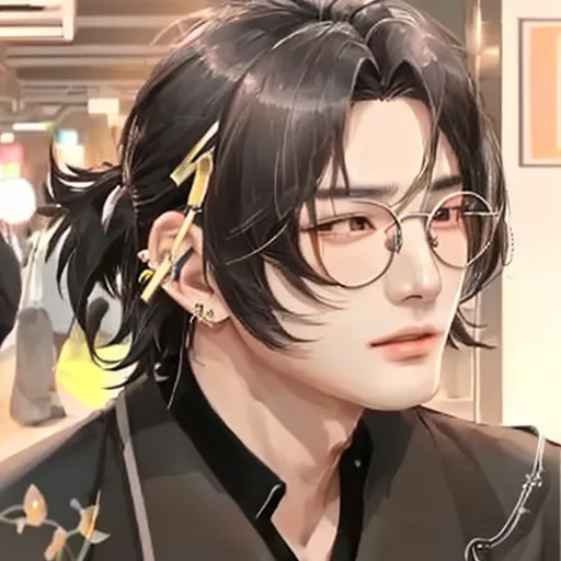 Prompt: A Beautiful  korean man with Round silver glasses and long black hair. He has an earing on both ears