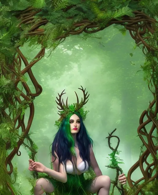 Prompt: Artemis, Caught bathing, tied with vines, holding staff, petite, Forest background, powerful witch girl, angry expression, Alt, shaved, fullbody, Top of head in frame, antlers, green hair, green fur, dyed green hair, fantasy, hair color vibrant green, torso and full head