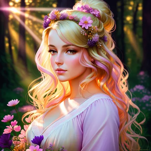 Prompt: front view painting of a beautiful girl, style of fragonard and Yoshitaka Amano (blonde hair with pink and purple flowers), ((forest background)),sunrays, etherial, celestial,  3D lighting, soft light, wildflowers in forefront in pinks and purples