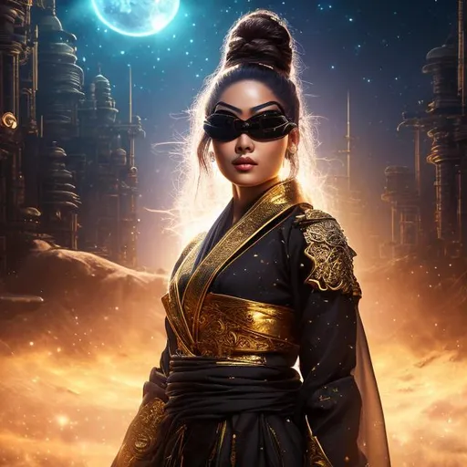 Prompt: create photograph of beautiful female ninja in gold robes with sunglasses on, extremely detailed face, space and planets an nebulae in sky highly detailed, extremely detailed environment, extremely detailed background, extremely detailed skin, natural colors , professionally color graded, photorealism, 8k, realistic, moody lighting, ambience lighting, complex filigree, galactic environment, volumetric lighting