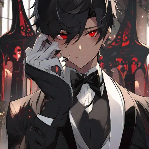 Prompt: Damien  (male, short black hair, red eyes) demon form, wearing a tuxedo, standing at the altar, biting his lip seductively, close up