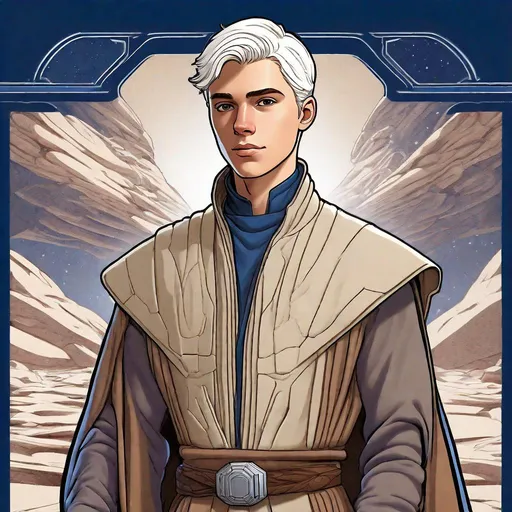 Prompt: 20 year old, young, Detailed art, Handsome young man with short clean white hair, short back hair, well groomed, combed over hair,  dark blue tunic vest, shoulder pad, brown overcoat with flowing robes, high collar, traveler, traveling outfit, adventurer outfit  Star Wars character art, detailed textured fabric. Cloth neck gaiter, robes, tight white hair, holster, belt, rich, blaster pistol, pistol, Star Wars 
