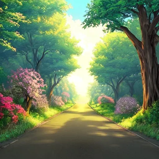 Prompt: Rising sun. At the end of the road there is a portal to another world. Trees, shrubs, grass and flowers along the road.