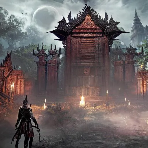 Prompt: an entirely unique area in bloodborne, highly detailed concept art, stunning, screenshot, khmer temple in jungle