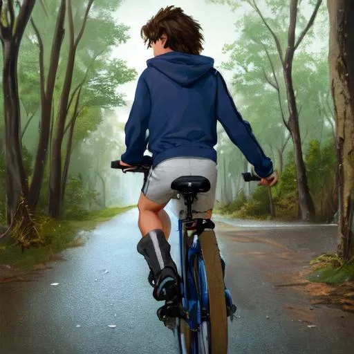 Prompt: Sideview 12 year old young Boy lightbrown messy hair wearing a white tanktop and gray darkblue worn hoodie black jeans lightbrown shoes riding his bicycle rural area, cracked road, trees in background two magpies, art, concept art, artstation, cinematic composition, close up side