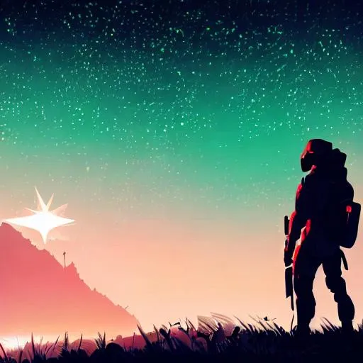 Prompt: Multiple layers of silhouette futuristic special ops soldier, with silhouette of green glowing ghost, sharp edges, at night with stars visible, with heavy fog in air, vector style, horizon silhouette Landscape wallpaper by Alena Aenami, firewatch game style, vector style background