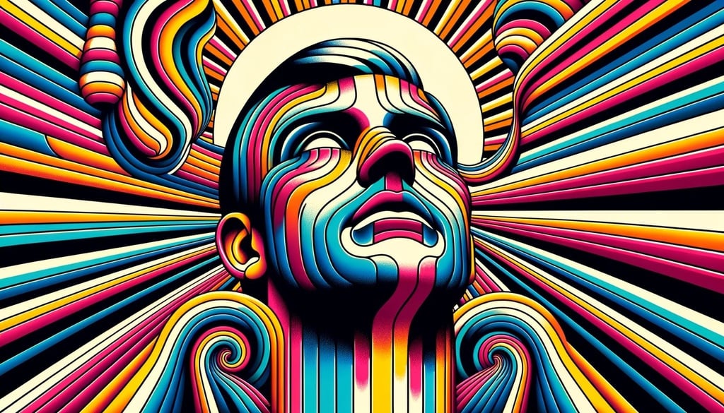 Prompt: Illustration of a man's face with bold color stripes reminiscent of psychedelic graphic design. Sunrays shine upon the face, creating a vibrant glow. The background features mind-bending sculptures, adding to the surreal atmosphere.