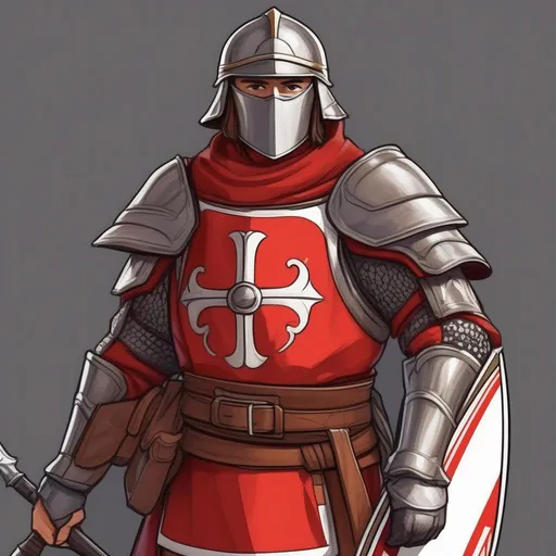 Prompt: A russian medieval soldier. He wears a shield and a spear. Mail armor. Red mantle and tunic. Donskoy helmet. anime art. akira art. rpg art. star wars art. 2d art. 2d.  