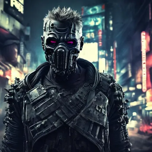 Prompt: Original villain. Future military armour with black and neon parts. Slow exposure. Detailed. Male masked. Dirty. Dark and gritty. Post-apocalyptic Neo Tokyo. Futuristic. Shadows. Sinister. Brutal. Intimidating. Evil. Bionic enhancements.