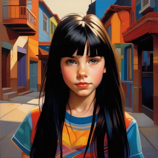 Prompt: Facial portrait of a 12 years old girl, pale skin, black hair, bangs, dark brown eyes, colorful clothes, urban setting, stylized font, cartoony style, extremely detailed painting by Greg Rutkowski and by Henry Justice Ford and by Steve Henderson
