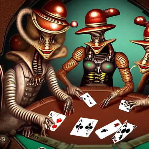 Prompt: Steampunk aliens from mars playing poker 