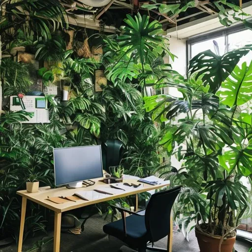 Prompt: workplace in a jungle