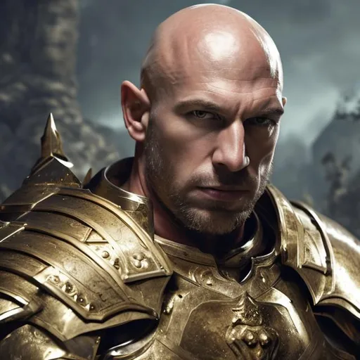 Prompt: fantasy, muscular male, bald head, knight, visible face, portrait, wearing large gold armor