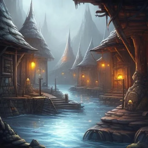 Prompt: fantasy, concept art, tribal city, primitive buildings, river, underdark