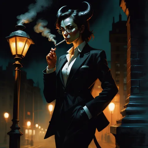 Prompt: Female Tiefling detective with glasses in tuxedo, leaning at streetlight, smoking cigarette, left hand in pocket, right hand in a fist with flaming thumb near face, tilted head, full body, foggy background, noir, highres, detailed, dark fantasy, cool tones, atmospheric lighting, elegant, professional, stylish, urban fantasy