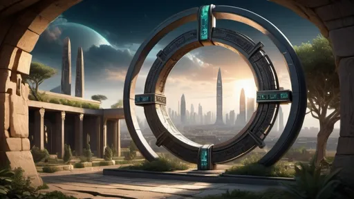 Prompt: magical portal between cities realms worlds kingdoms, circular portal, ring standing on edge, upright ring, freestanding ring, hieroglyphs on ring, complete ring, ancient babylonian architecture, gardens, turned sideways view, futuristic cyberpunk tech-noir setting