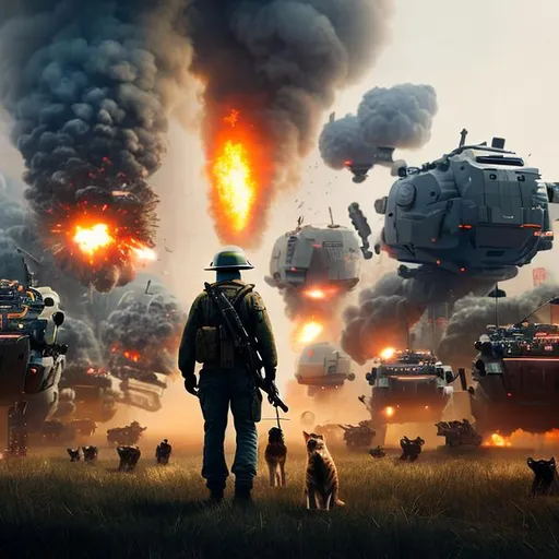Prompt: One man with his giant cat watching an army of robots, wounded, guns, hyperrealistic, dystopic, war, standing, explosions, invasion