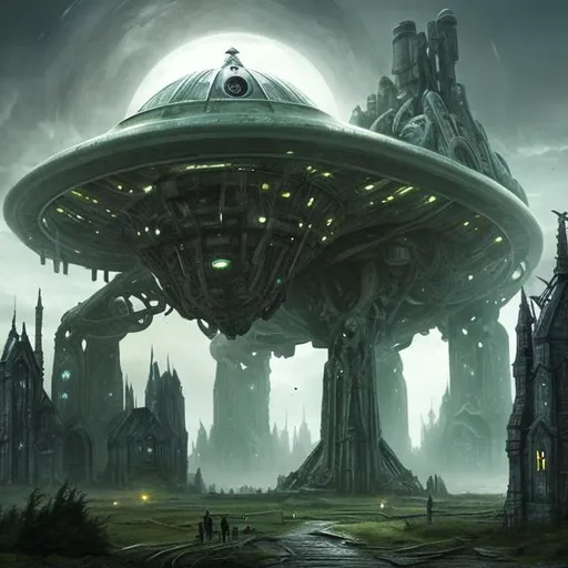 Prompt: fantasy art style, dystopian, egg, aliens, flying, flying church, biological, outer space, green house, jets, jet engine, mechanical, robotic, future, futuristic, flying, space travel