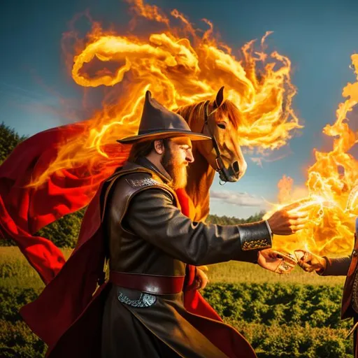 Prompt: anthropomorphic horse wizard casting fireball at a farmer