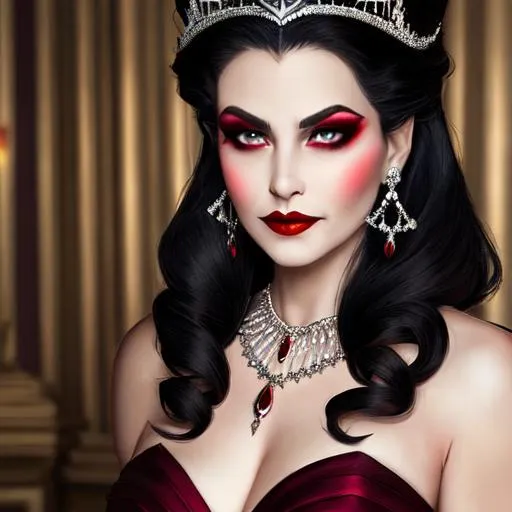 Prompt: evil queen, wearing a tiara, heavy makeup , dark red lips