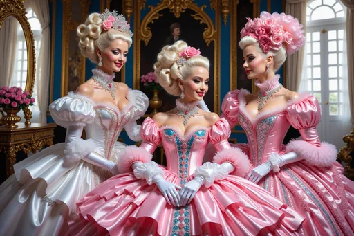 Prompt: In a fantastical, surreal rococo ballroom  the scene is featuring delicate Marie Antoinette doll — a woman and a young girl stand elegantly close, exuding charm and grace, her presence large, vivid, and unmissable.
The material structure of her extravagant dress shines in the frame — not fabric, but reflective surfaces: curved pink chrome panels, sculpted pink aluminum foil, and mirror-shined blue metal plating catch the fractured light from off-angle windows with brilliant intensity.
The woman’s gown is an awe-inspiring composition of striped pink chrome lamination and segmented blue steel plating, assembled into voluminous baroque forms. Intricate patterns are formed not with embroidery, but with twisted silver mesh, enameled metal filigree, and ribbons of pink polished brass, all arranged in a fantastical crinoline structure. Her classic black updo and radiant smile further amplify her regal, surreal presence.
Beside her, the blonde girl  leans affectionately against the woman, their joyful expressions captured in a moment of luminous, high-shine connection. She wears a sculptural dress forged from pink colored glass shards, polished blue copper sheets, and mirrored mosaic tiles, arranged in gleaming cascades and crystalline flounces. Her delicate hairpiece glows with inlaid crystal and reflective enamel, refracting ambient light. 
The gown’s structural skirt is catching and bouncing ambient light like a reflective chandelier. One sculpted sleeve — a smooth segment of convex chrome — nearly brushes the “lens,” while layers of pink lacquered aluminum and transparent resin veils flow unevenly around her arms in stiff, radiant arcs. Her towering wig, a sculptural mass of curls and blue  ostrich plumes, appears the upper portion of the image, skewing leftward in a dramatic curve.
Behind the figures unfolds the chaotic grandeur of the ballroom: arched windows spill irregular light across a slanted floor; oversized mirrors reflect only fragments of the room; floral arrangements radiate asymmetrically from massive, tilting vases. The architecture defies symmetry — walls turn at differing angles, and ceiling panels twist as though liquefied.
The pastel tones shimmer like oil on water, and reflections ripple unpredictably across polished, uneven surfaces. Every material — from the figures’ garments to the distant ceiling — pulses with surreal brilliance and radiant distortion. This is no distant spectacle — it’s an intimate, immersive plunge into opulent fantasy, with the main figure’s magnetic, mirror-polished presence drawing the viewer in almost physically.