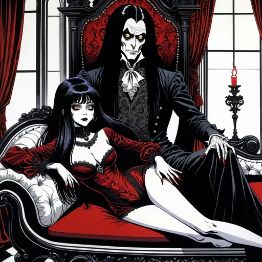 Prompt: Junji Ito manga style Black and White, Elvira Mistress of the Dark lying on her side on a Chaise Lounge with John Carradine next her), baroque style, dark color scheme, elegantly gothic attire, intricate details, dim lighting, dramatic shadows, opulent background, luxurious textures, ornate furniture, deep reds and blacks, baroque patterns, solemn atmosphere, rich color tones, dark romanticism, ultra-detailed, 4K, photorealistic masterpiece, timeless elegance.