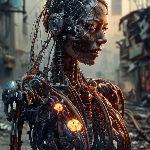 Prompt: Please create a picture of broken cyborg female thrown in the garbage, destroyed, rust, mechanical, wires, photography, detailed skin, realistic, photo-realistic, 8k, highly detailed, full length frame, High detail RAW color art, diffused soft lighting, shallow depth of field, sharp focus, hyperrealism, cinematic lighting