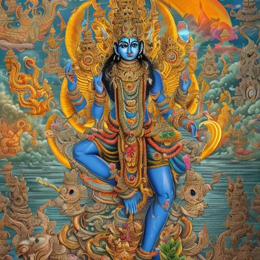 A ultra detailed potrait of Lord Vishnu floating in...