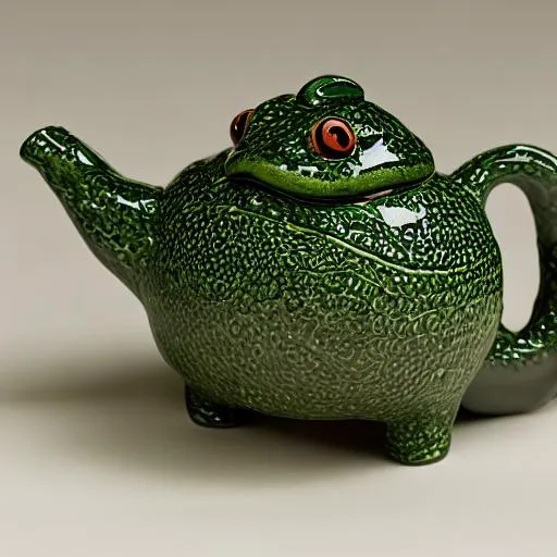 Prompt: green teapot shaped like frog, glazed ceramic, tilt shift, very beautiful, global illumination, intricate linework, short spout, 8k, food photography, octane rende