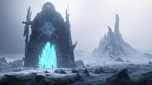 Prompt: A frozen hells cape with an massive old relic like structure as four humanoids approach it in a snow storm