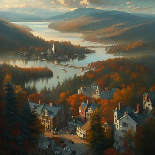 Prompt: bird's eye view of a beautiful painting of a small, sleepy New Hampshire town nestled in a forest by greg rutkowski, trending on artstation