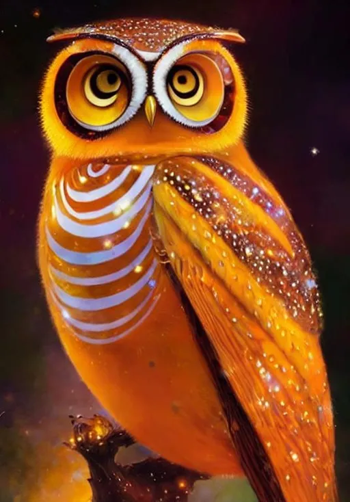 Prompt: Glossy, sparkling portrait of a orange owl. Art by  jean Baptiste monge, ismail inceoglu, Victo Ngai, Sherry Akrami, Anna Dittman, Lucie Bilodeau, Laura Diehl, catrin welz-stein, Paul Delaroche, highly detailed, sharp focus, fantastic view, dreamy, Epic, celestial, sparkling, glossy, light emitting,  inner light.