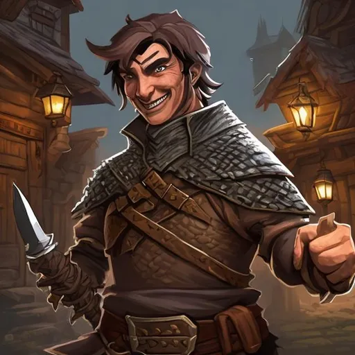 Prompt: A charming rogue is seen in simple leather armor, brandishing a dagger. He has a kind smile, friendly eyes and a long scar on one cheek. In the background is an old fashioned inn. Image is in a D+D style.