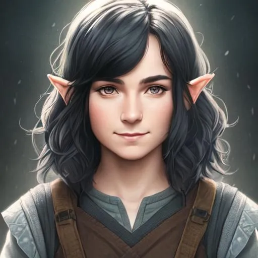 Prompt: a Portrait of an androgynous adult female hobbit, small smile, with black medium length hair, perfect composition, highly detailed, intricate details, HD