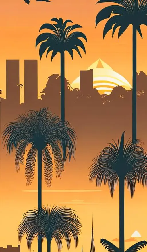 Prompt: Vertical Artwork of exotic looking Oakland skyline with tropical fauna, orange and light cream sunset colorway,