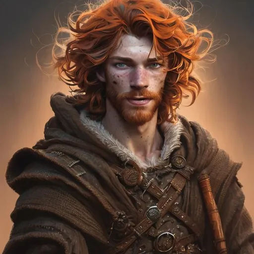 Prompt:   portrait of a young ruggedly handsome but joyful mage, male, masculine, full body,  heterochromia, orange-red hair, waist long hair, gaunt face, d & d, freckles, fantasy, intricate, elegant, highly detailed, digital painting, artstation, concept art, matte, sharp focus, illustration, art by artgerm and greg rutkowski and alphonse much
