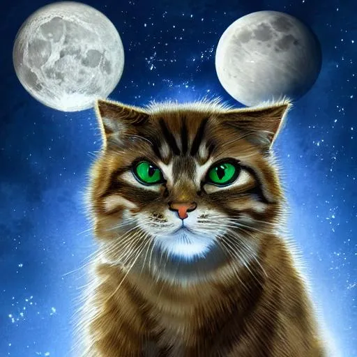 Prompt: Professionally illustrated art of a Cat  from Halo standing in the moon, intricate details, full-body portrait, headshot, HDR, 64K, highly detailed, bright sun rays, best version, handlebar mustache