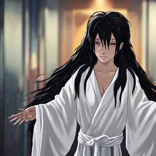 Prompt: extreme close up shot of woman dressed in white robe, long black wet hair, standing at the doorstep, spreading her arms 
wide, stopping someone, hotel room background, anime
