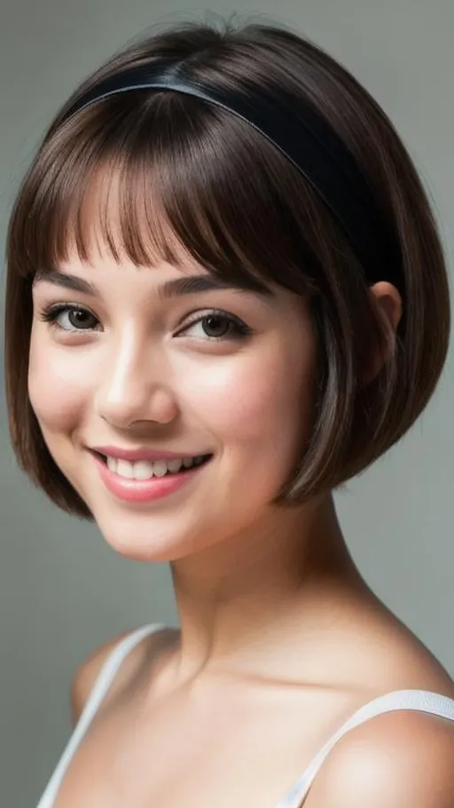 Prompt: Realistic image of a cute innocent woman in a Bob cut and wearing headband,smilling,photorealistic render, perfect realistic image, best render