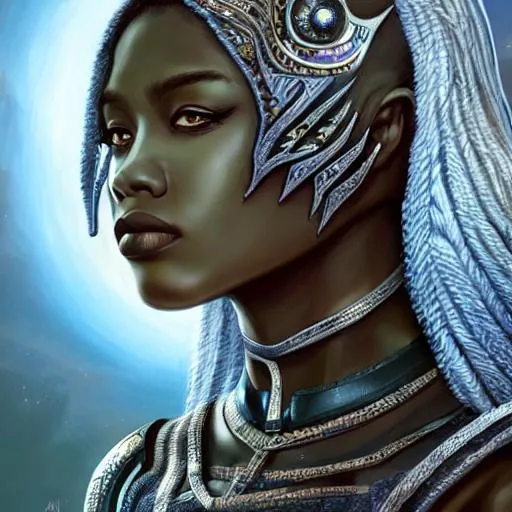 Prompt: female, African, Jamaican Filipina, goddess, beautiful eyes, elegant, moonlit sky, beautiful, artbreed, highly detailed, digital painting, artstation, concept art, photorealistic, smooth, sharp focus, illustration, art by artgerm and greg rutkowski and alphonse muchavillain, the female panther, dark skin, female african warrior features, ornate, opulent, black, brushed diamond, african jewelry, gold, obsidian, silver, tattoo, ancient futuristic tech, retrofuturist, optimistic, lovely, dnd character portrait, intricate, oil on canvas, masterpiece, expert, insanely detailed, 4k resolution, john william waterhouse, singer sergeant, composition, agnes cecile, bowate