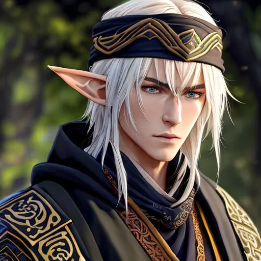 Prompt: A highly realistic and extremely detailed face full body portrait of an 18 year old stripling elf male character from Warcraft. Wearing a black cloak over his vagabond samurai kimono that he wears under and also wearing an intricate patterned bandana on his head and wearing a Cotton Shemagh Tactical Desert Scarf Wrapped on his neck. The character should be modeled after an fantastical Ronin young prince with handsome long, messy, and wavy silvery black hair, thin arched eyebrows, and striking golden eyes. The artwork should be created in either 4K or 16K resolution and should be of photo realistic quality."
((Width: 512)), ((Height: 627)))