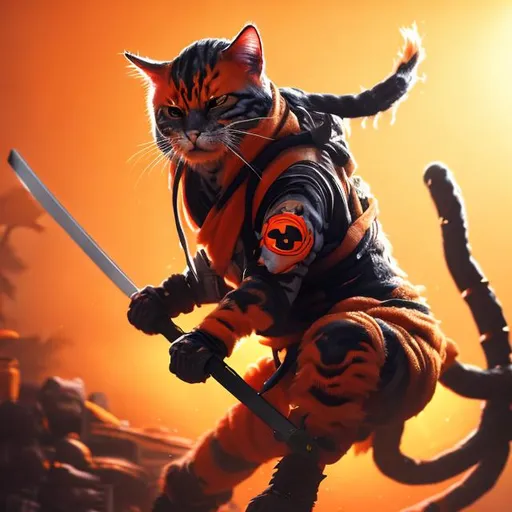 Prompt: Orange ninja cat with samurai sword, and computer keyboard, photorealistic, unreal engine 5, RTX, ray tracing, fine detail fur, glowing eyes, flowing Japanese sun headband
