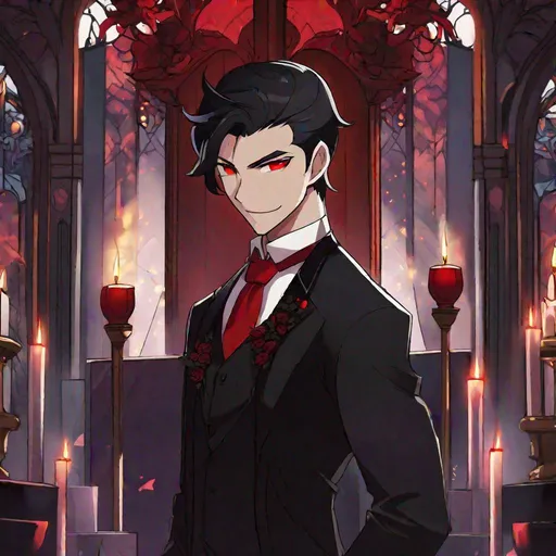 Prompt: Damien  (male, short black hair, red eyes) demon form, wearing a tuxedo, standing at the altar, grinning seductively
