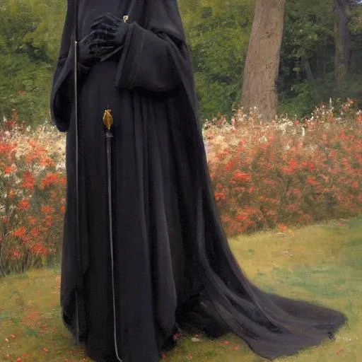 Prompt: portrait of grim reaper with hand extended, extreme detail, deep black chanel couture robe, skeleton hand, by Maurice Sendak and Ilya Repin, artstation