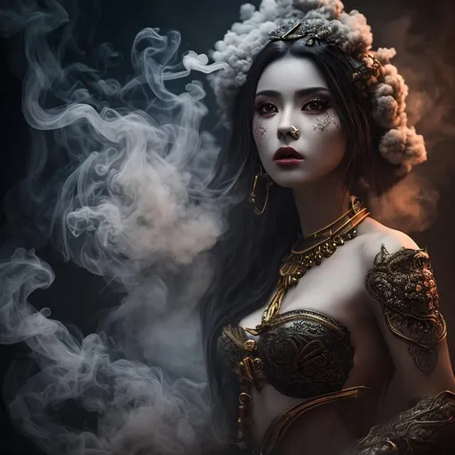 Prompt: beautiful female smoke lunar goddess realistic extremely detailed dark cinematic style of vallejo