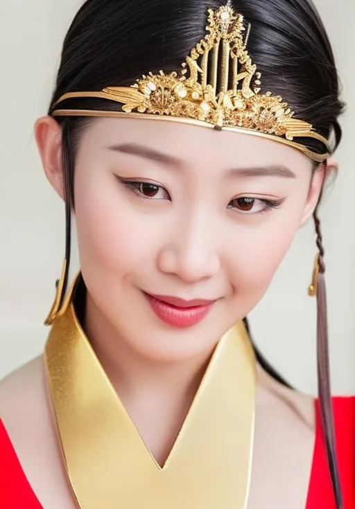 Prompt: Young Chinese woman with round chin, fair face, delicate eyebrows, smiling. Beautiful symmetrical face, shy, wearing a golden phoenix headdress similar to Chinese Tang Dynasty