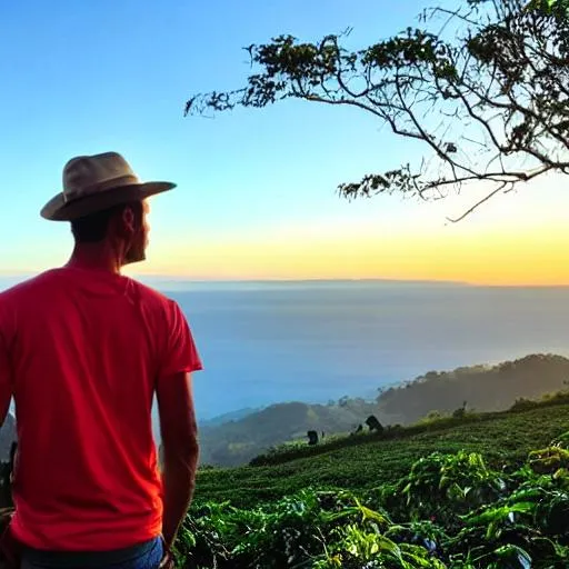 Prompt: photo rea;istic
from shoulders up 
coffee Farmer, looking at the sunrise.
coffee farm overlooking the azure blue coastline from the mountainside














”