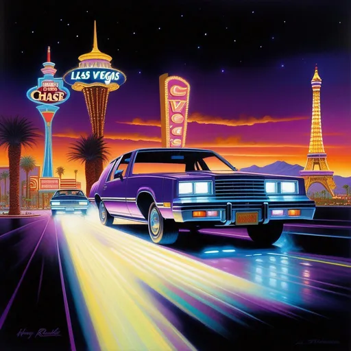 Prompt: 1980s, Las Vegas old strip at night, car chase, neon, dark purple atmosphere, cartoony style, extremely detailed painting by Greg Rutkowski and by Henry Justice Ford and by Steve Henderson