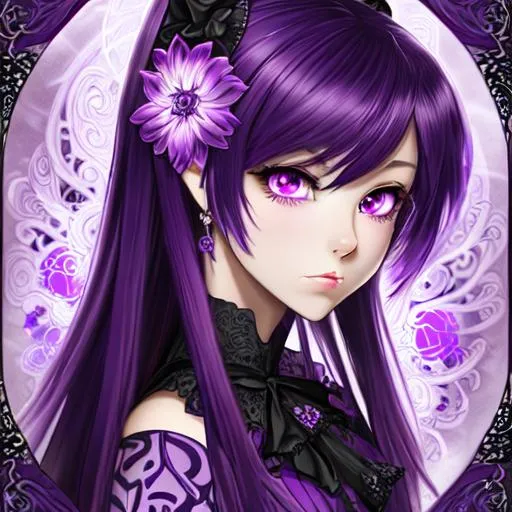 Prompt: anime portrait of cute anime girl, devilish purple anime eyes glowing with dark energy, intricate dark purple hair with a purple aura around it, beautiful clothes with an intricate embossing flower pattern 
